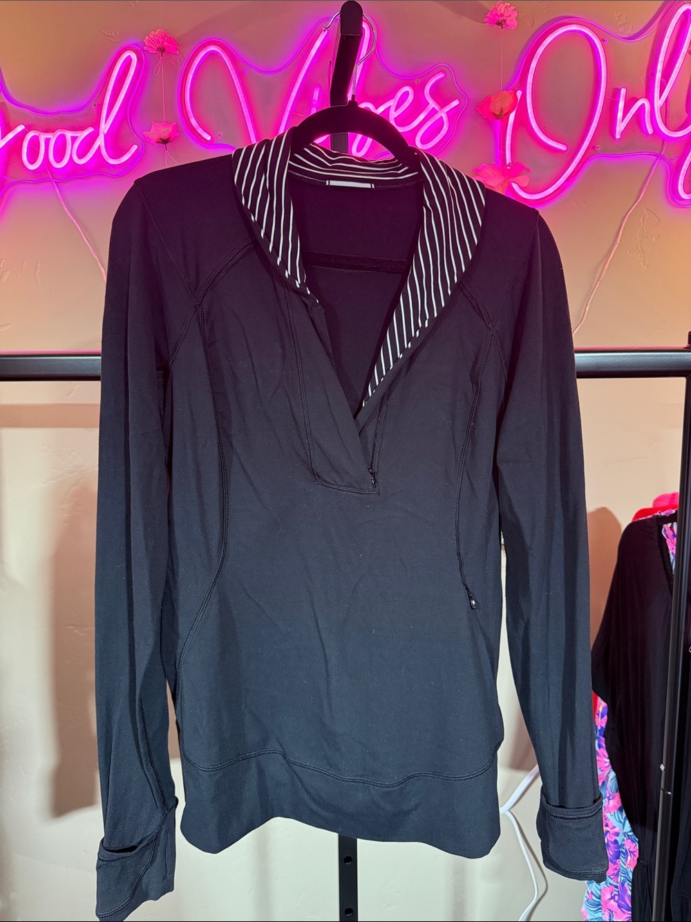 Lululemon Black Long-Sleeve Pullover with Striped Collar